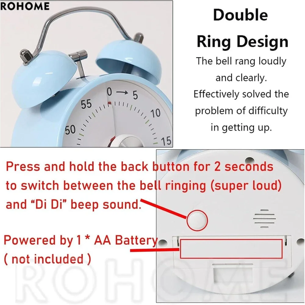 60 Minute Visual Timer Analog Countdown Clock Loud Bell Alarm Blue No Ticking